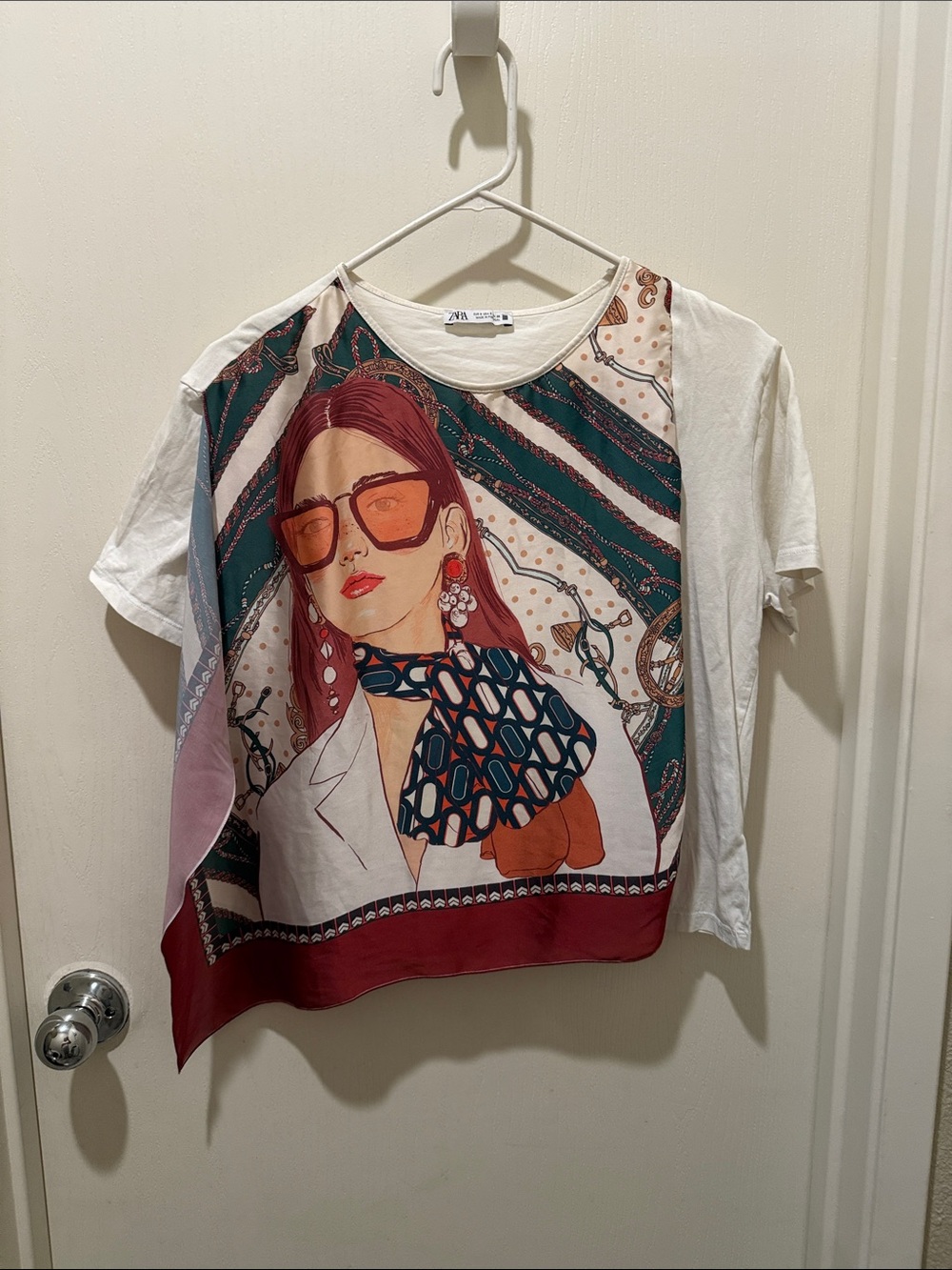 ZARA Multi-Color Graphic Short Sleeve Tee with Red Accents